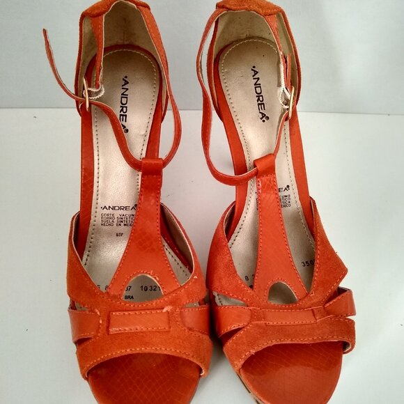 Andrea orange wooden platform toe strap peep toe heels - Picture 7 of 9